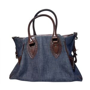 FENDI Blue Denim & Brown Leather Trim Etniko Bag Du Jour Shoulder Bag Auth